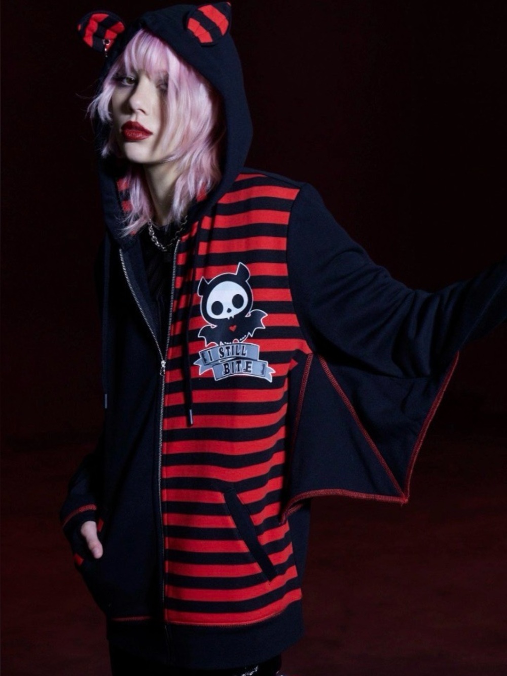 Skelanimals Diego Stripe Split Girls Hoodie Red Black Size 2
